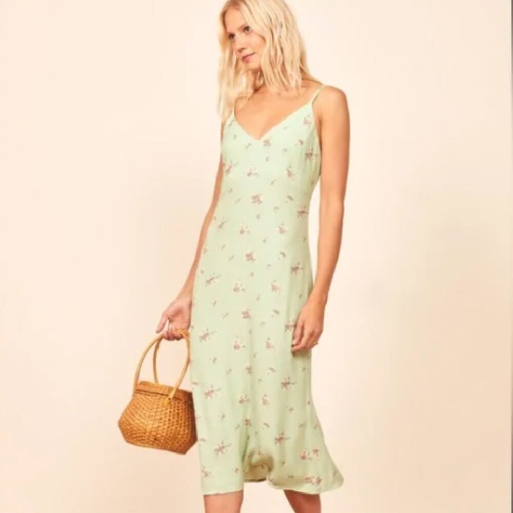 Reformation Alexandra Midi Slip Dress in Green Mint Floral (Size 6 / M )
